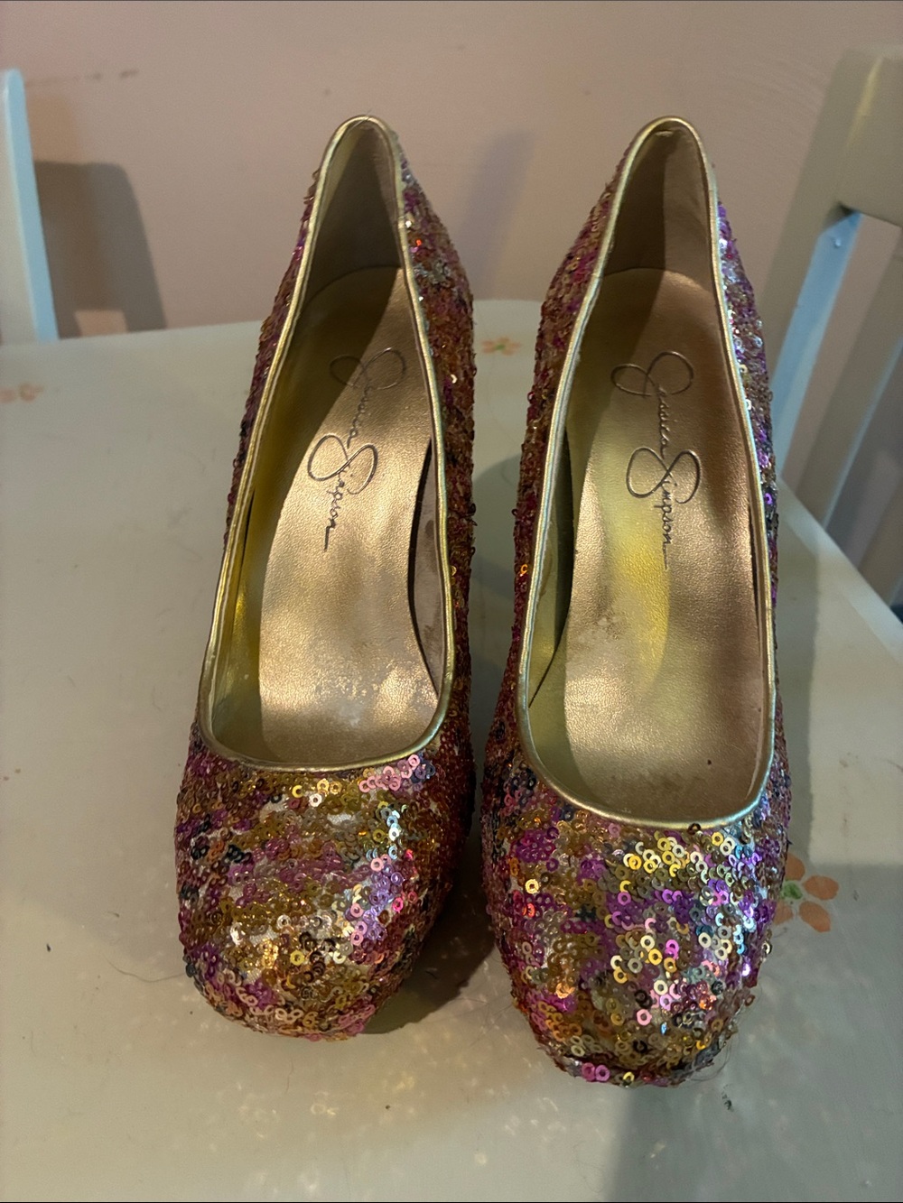 Jessica Simpson Pink and Gold Sequin Platform Pumps